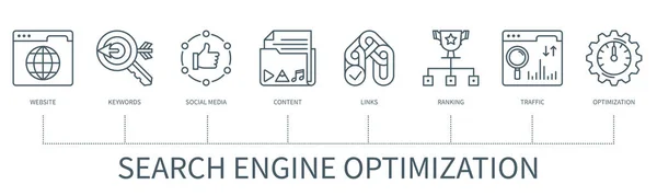 Αναζήτηση Engine Optimization Έννοια Εικονίδια Ιστοσελίδα Λέξεις Κλειδιά Social Media — Διανυσματικό Αρχείο