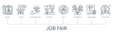 Simgelerle iş fuarı konsepti. Özgeçmiş, boşluk, değer önerisi, röportaj, beceri, meslek, nitelik, adam alma. Asgari dış hat biçiminde web vektörü bilgisi
