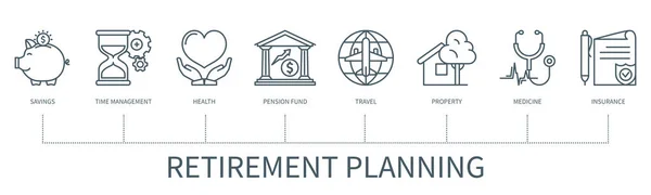 Koncept Plánování Odchodu Důchodu Ikonami Úspory Správa Času Zdravotnictví Penzijní — Stockový vektor