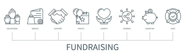 Fundraising Concept Icons Volunteers Grants Support Events Charity Sharing Donation — Archivo Imágenes Vectoriales