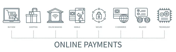 Концепция Онлайн Платежей Иконками Купить Сейчас Покупки Онлайн Банкинг Мобильный — стоковый вектор