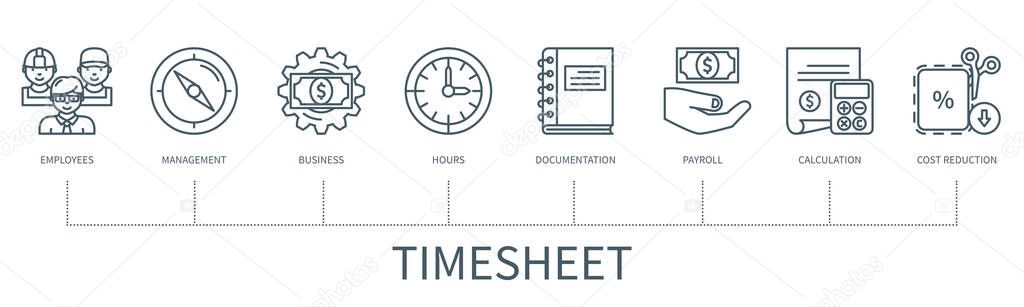 Timesheet concept with icons. Employees, management, business, hours, documentation, payroll, calculation, cost reduction icons. Business banner. Web vector infographic in minimal outline style