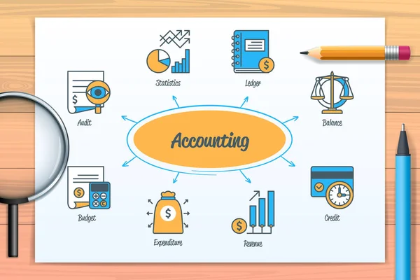 Accounting Finance Chart Icons Keywords Audit Statistics Ledger Balance Budget — Vetor de Stock