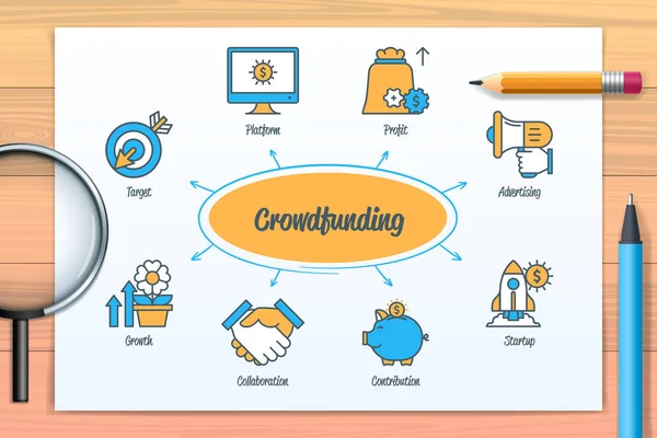 Crowdfunding Chart Icons Keywords Advertising Platform Profit Target Contribution Startup — Vector de stock
