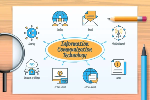 Information Communication Technology Chart Icons Keywords News Social Media Radio — Vector de stock