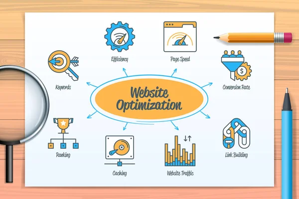 Website Optimization Chart Icons Keywords Page Speed Conversion Rate Website — ストックベクタ