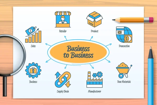 Business Business B2B Chart Icons Keywords Manufacturer Supply Chain Transaction — Διανυσματικό Αρχείο