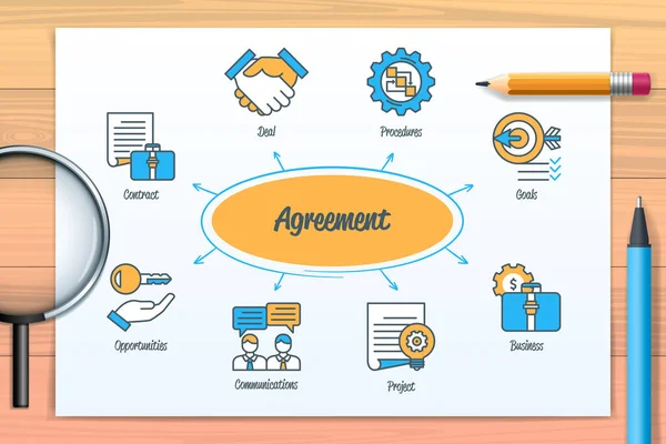 Agreement Chart Icons Keywords Business Contract Communication Deal Project Opportunities — Stockvector