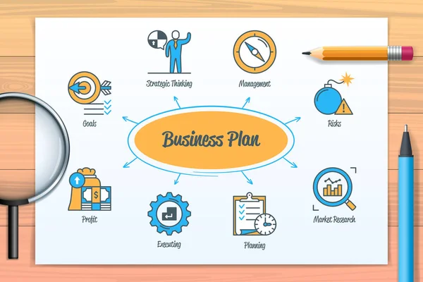 Business Plan Chart Icons Keywords Goals Strategic Thinking Management Market — Stock vektor
