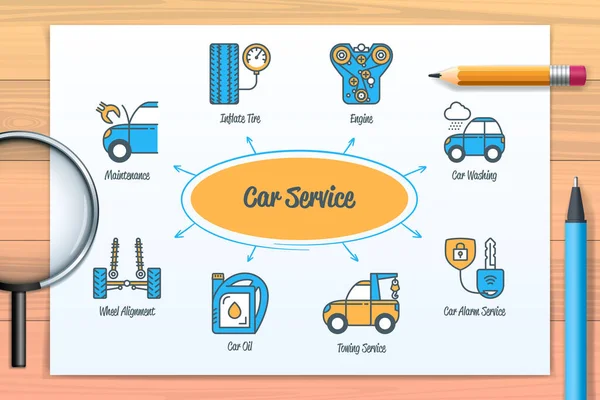 Car Service Chart Icons Keywords Maintenance Car Oil Towing Service — Stok Vektör