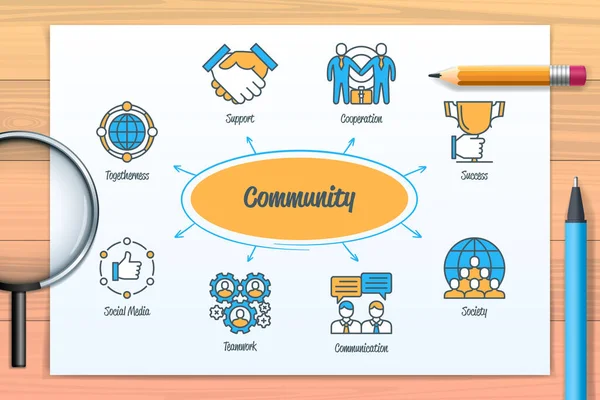 Community Chart Icons Keywords Support Society Social Media Teamwork Communication — Vector de stock
