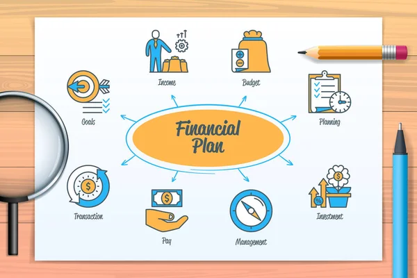 Financial Plan Chart Icons Keywords Goals Cash Flow Income Pay — Stockvector