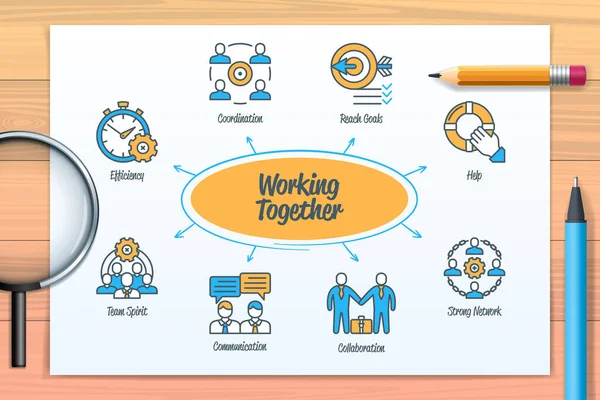 Working Together Chart Icons Keywords Communication Support Coordination Efficiency Collaboration — Image vectorielle