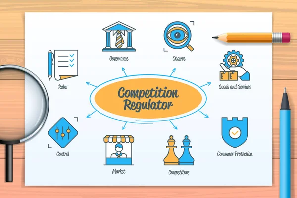 Competition Regulator Chart Icons Keywords Market Oversee Competition Control Rules — Archivo Imágenes Vectoriales