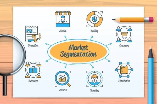Market Segmentation Chart Icons Keywords Dividing Customers Research Market Distribution — Vector de stock