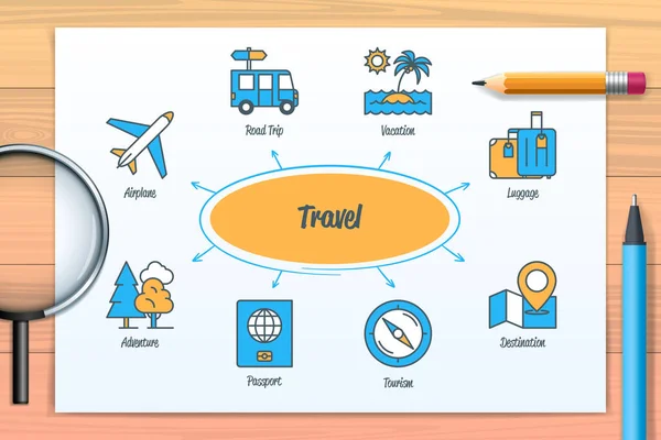 Travel Chart Icons Keywords Vacation Passport Destination Luggage Airplane Adventure — Stockvector