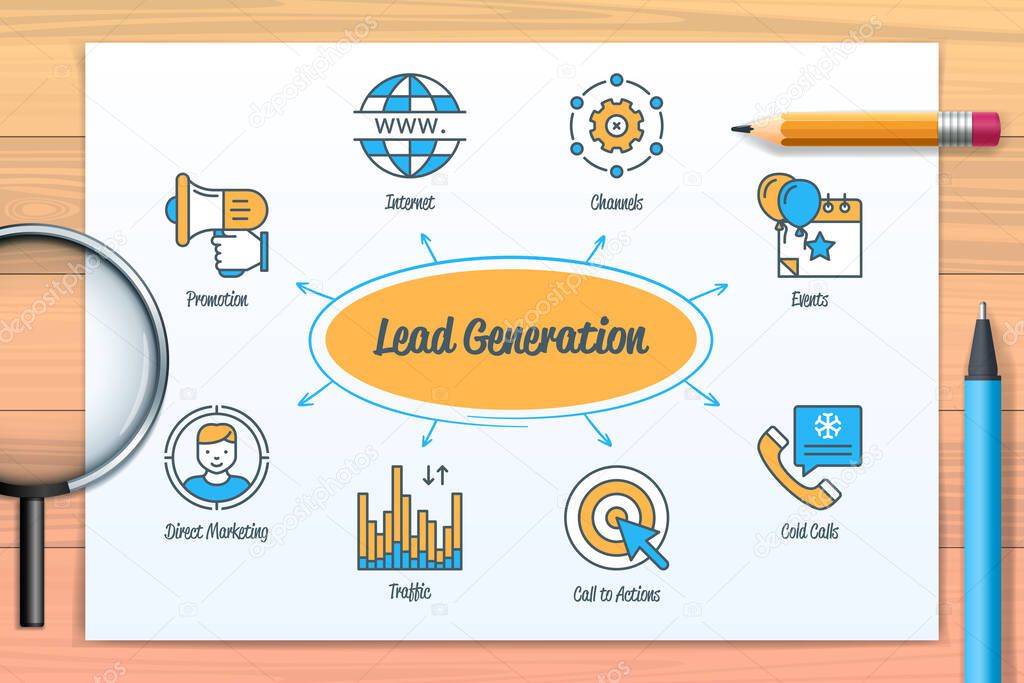 Lead generation chart with icons and keywords. Call to action, cold calls, channels, traffic, internet, events, promotion, direct marketing. Web vector infographic