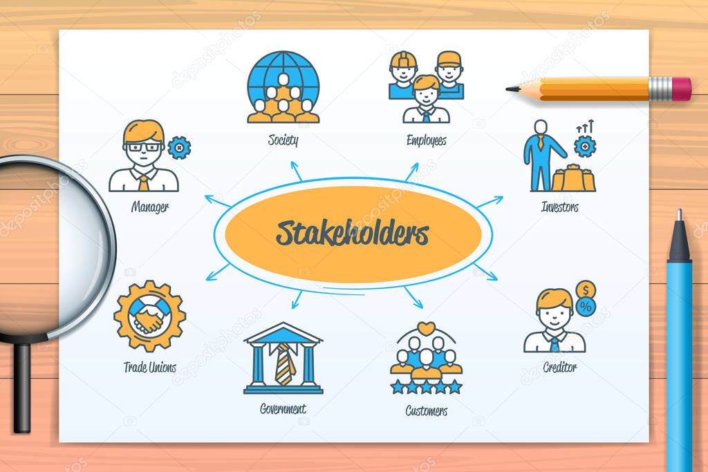 Stakeholders chart with icons and keywords. Government, manager, customers, trade unions, investor, creditor, society, employees. Web vector infographic