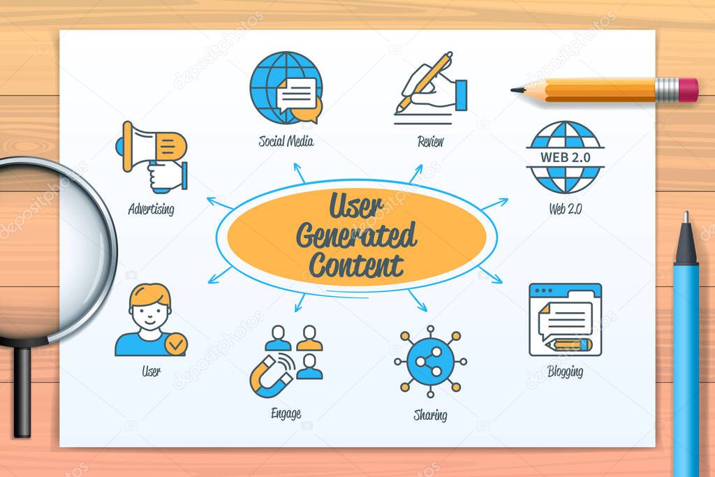 UGC User Generated Content chart with icons and keywords. User, website, engage, review, web 2.0, advertising, social media, sharing, blogging. Web vector infographic