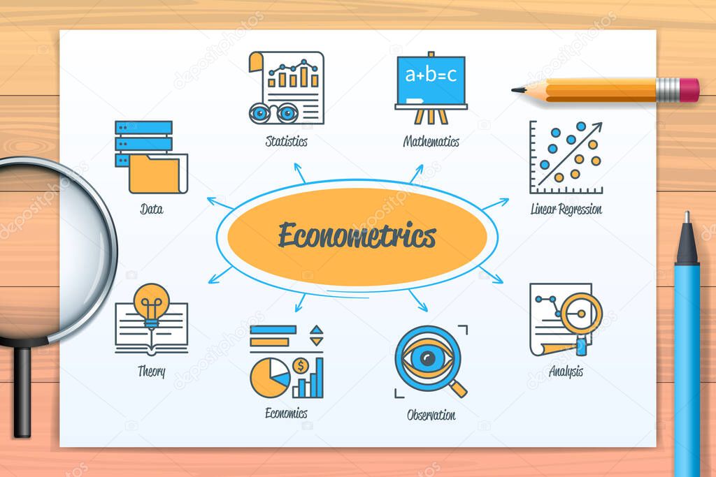 Econometrics chart with icons and keywords. Economics, statistics, data, linear regression, theory, analysis, mathematics, observation icons. Business banner. Web vector infographic