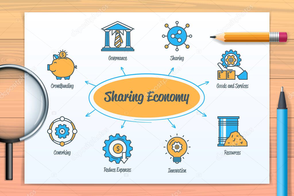 Sharing economy chart with icons and keywords. Resources, cowering, crowdfunding, innovations, sharing, reduce expenses, governance, goods, services icons. Web vector infographic