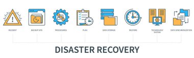 Disaster recovery concept with icons. Incident, backup site, procedures, plan, data storage, restore, technology system, data synchronization. Business banner. Web vector infographic in minimal flat line style