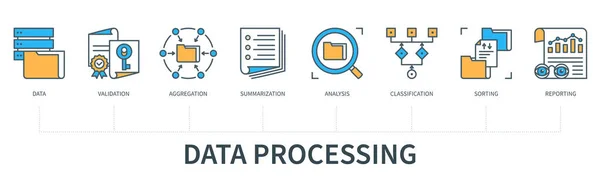 Concepto Procesamiento Datos Con Iconos Datos Validación Agregación Resumen Análisis — Vector de stock