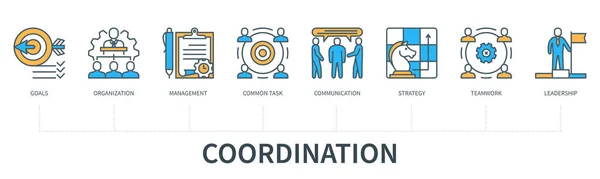 Koncepce Koordinace Ikonami Cíle Organizace Management Společný Úkol Komunikace Strategie — Stockový vektor