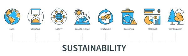 Nachhaltigkeitskonzept Mit Symbolen Erde Lange Zeit Gesellschaft Klimawandel Erneuerbare Energien — Stockvektor
