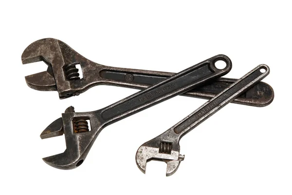 Three Old Steel Adjustable Wrenches Isolated White — Stock Photo, Image