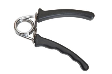 Siyah saplı çelik yaylı bilek açıcı beyaz arka planda izole edilmiş.