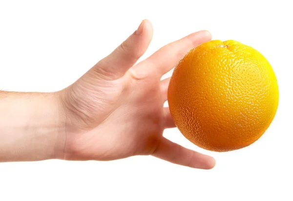 白で隔離されるオレンジと手 — ストック写真