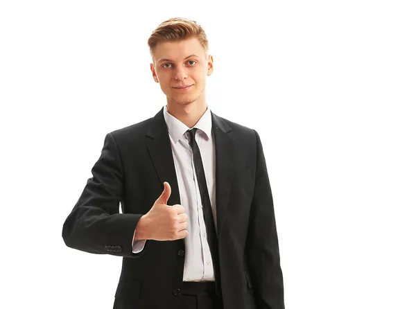 Homem de negócios polegares para cima sobre um fundo branco — Fotografia de Stock