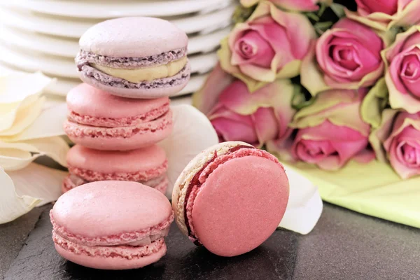 Macarrones y rosas rosadas — Foto de Stock