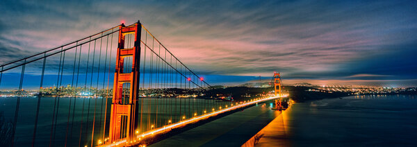 Panoramic view of Golden Gate Bridge by night