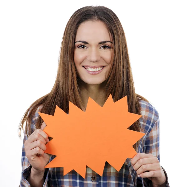 Vrouw bedrijf oranje paneel — Stockfoto