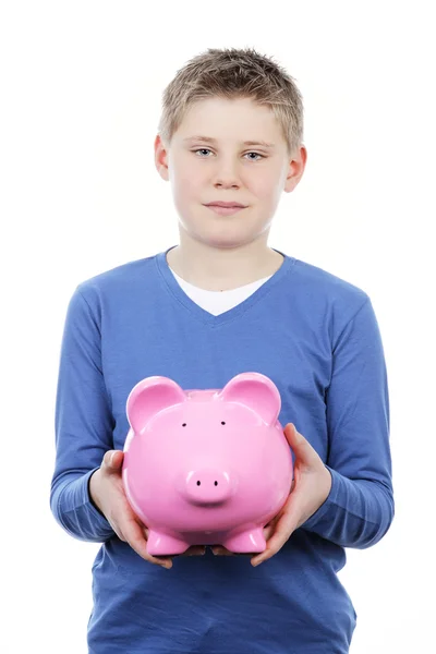 Menino com rosa porquinho banco — Fotografia de Stock