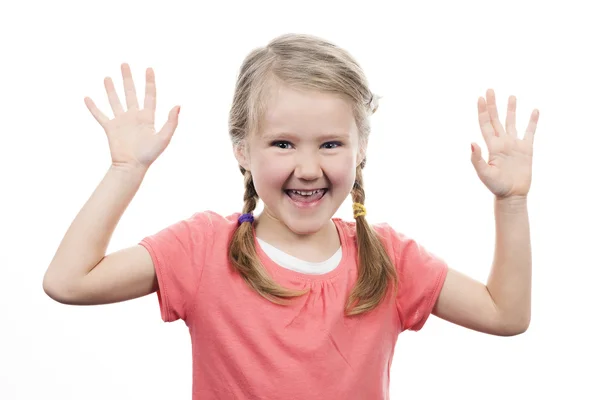 Girl showing her hand up — Stock Photo, Image