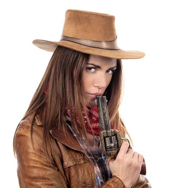 Atraktivní cowgirl s pistolí — Stock fotografie