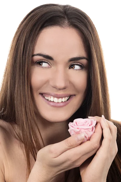 Beautiful woman with pink rose — Stock Photo, Image