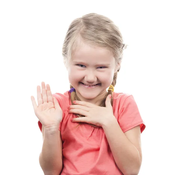 Girl showing her hand up — Stock Photo, Image