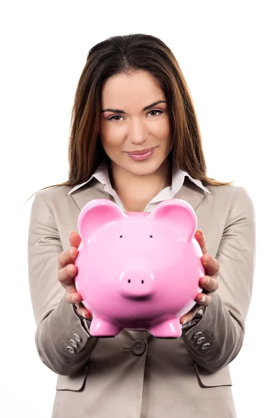 Cute woman with piggy bank — Stock Photo, Image