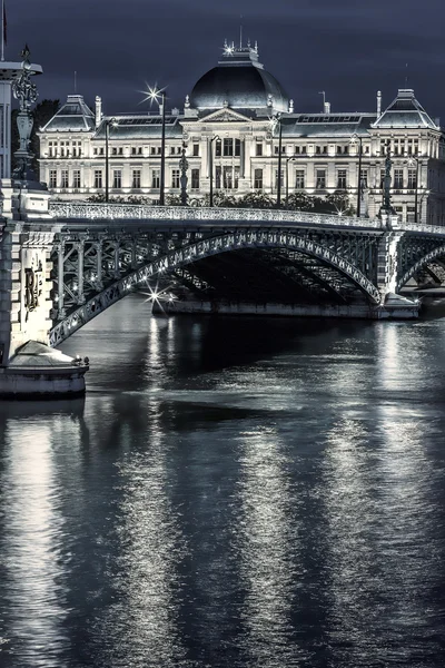 Famous bridge and University in Lyon by night — Stock Photo, Image