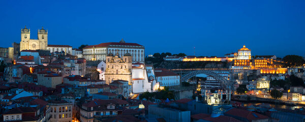Famous view of Porto by night, Portugal, Europe