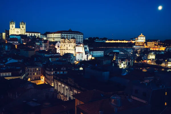 Vue Porto Nuit Avec Lune Portugal Europe — Photo