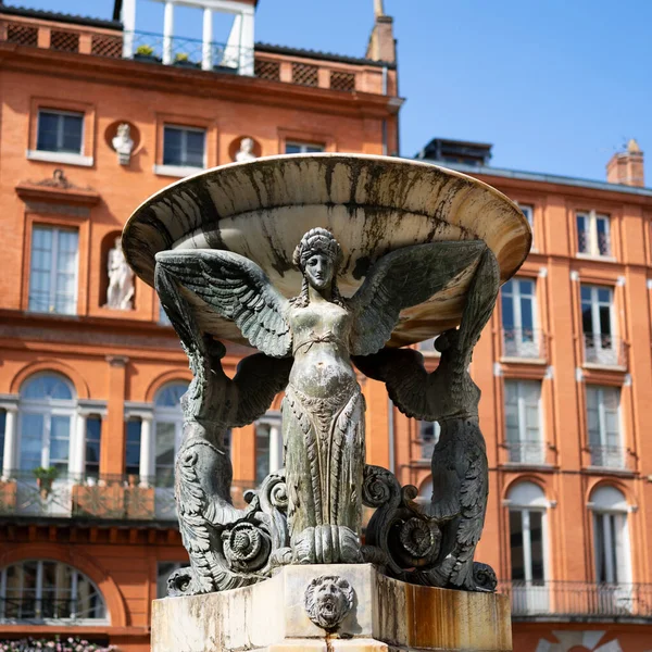 Toulouse Tarihi Bölgesinde Bulunan Güzel Heykel Trinity Çeşmesi Arka Planda — Stok fotoğraf