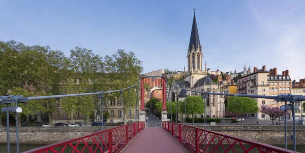 Διάσημη Θέα Της Κόκκινης Γέφυρας Στη Λυών Γαλλία — Φωτογραφία Αρχείου