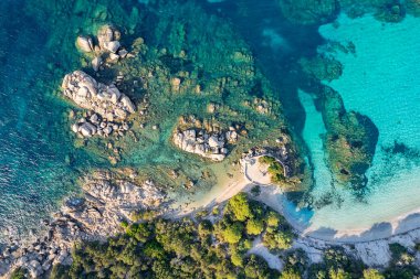 Aerial view of rocks at Palombaggia beach, Corsica