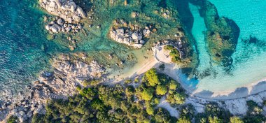 Aerial view of rocks at Palombaggia beach, Corsica