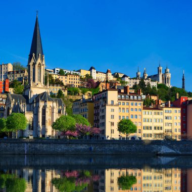 Vertical view of Saone river in the morning, Lyon, France